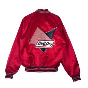 Vintage 1990s Bud Dry Red Satin Bomber Nylon Jacket Made in USA Anheuser Busch L